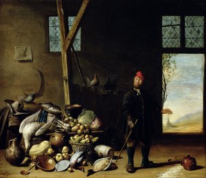 Campesino en un interior o, cocina con una naturaleza muerta